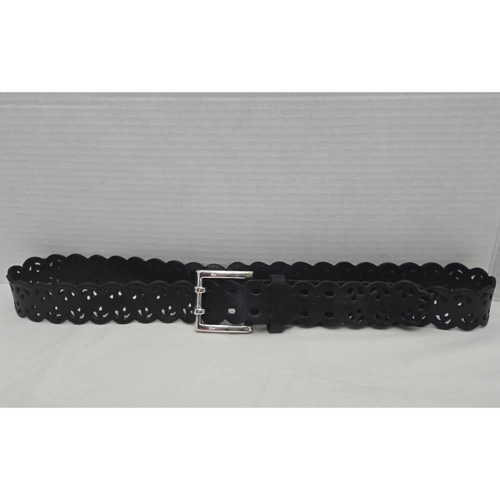 Vintage Amanda Smith Black Leather Scalloped Laser-Cut Boho Y2K Belt Size XL